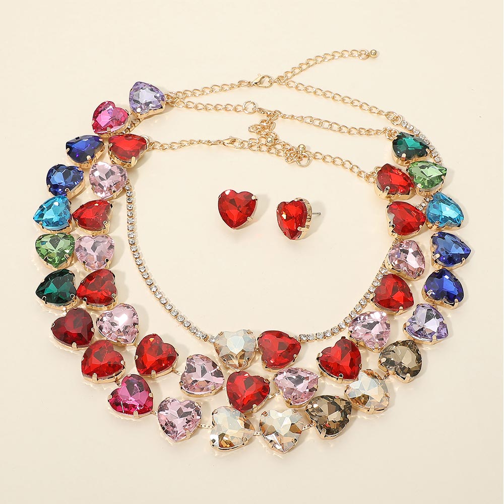 Madeline Love Gold, Multi Heart Stone Cluster Link Evening Necklace Set