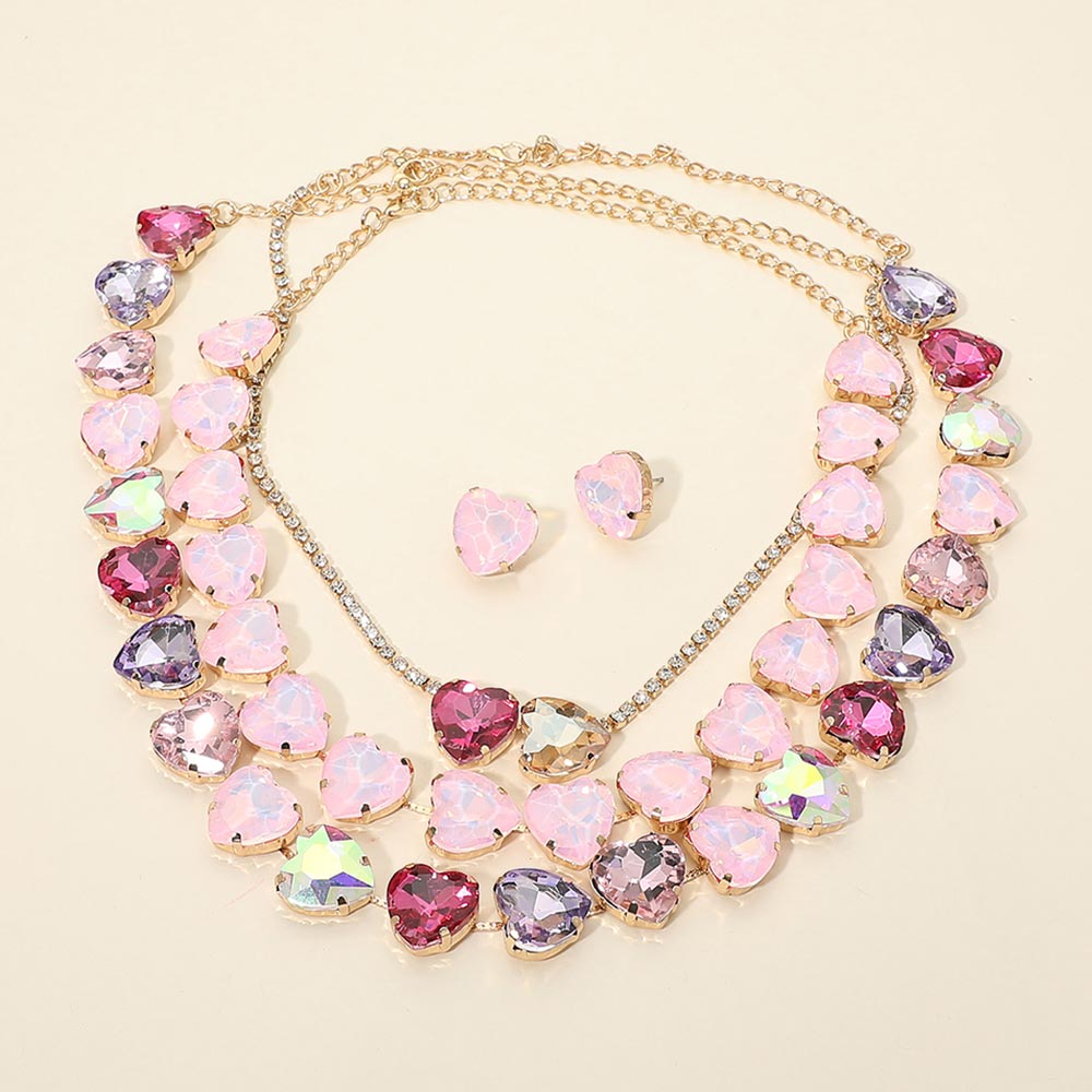 Madeline Love Gold, Pink Heart Stone Cluster Link Evening Necklace Set