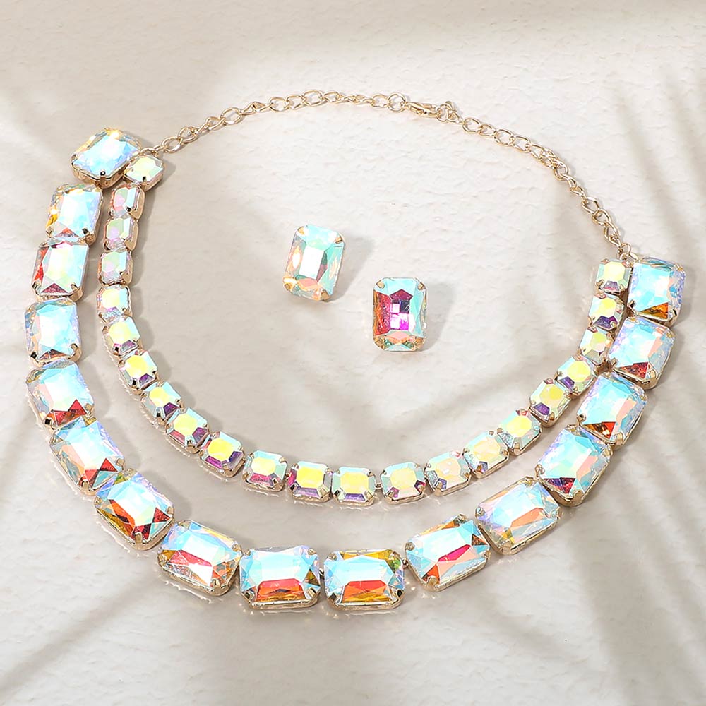 Madeline Love AB, Gold Emerald Cut Stone Cluster Link Double Layered Evening Necklace