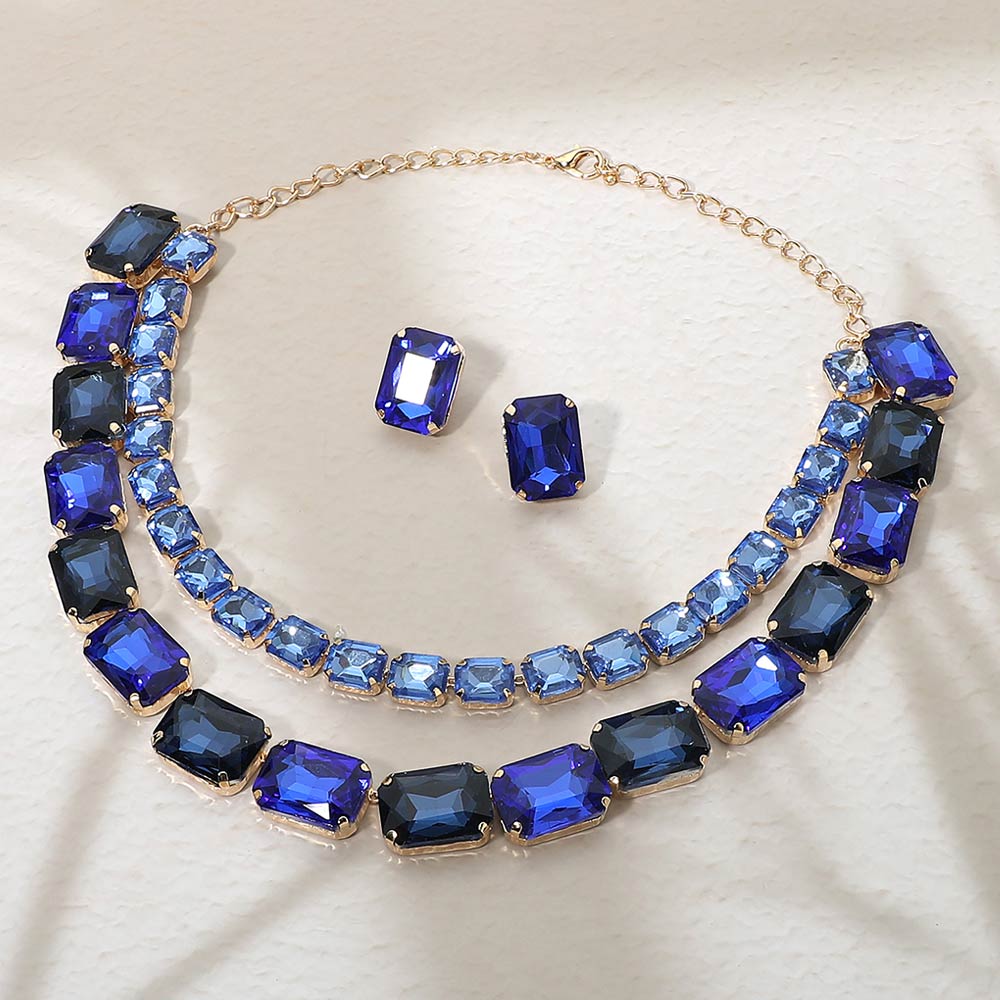 Madeline Love Blue, Gold Emerald Cut Stone Cluster Link Double Layered Evening Necklace