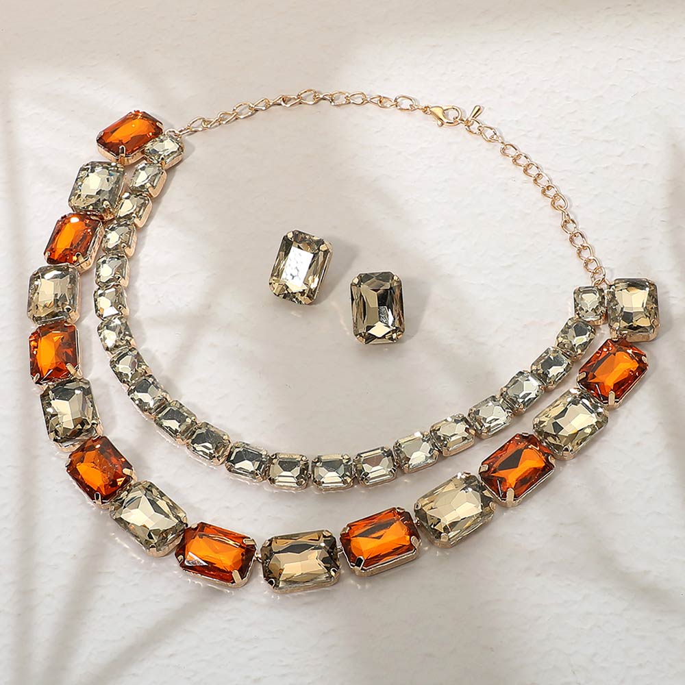 Madeline Love Copper, Gold Emerald Cut Stone Cluster Link Double Layered Evening Necklace