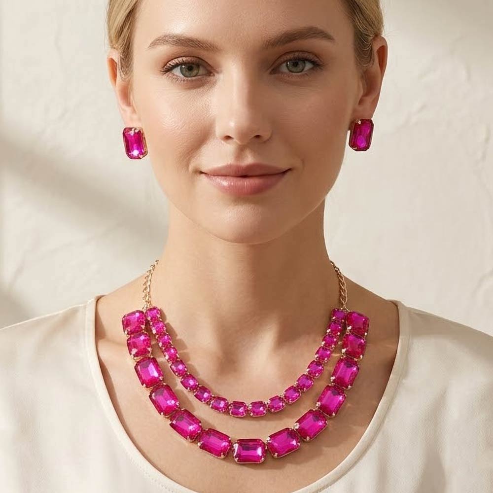 Madeline Love Fuchsia, Gold Emerald Cut Stone Cluster Link Double Layered Evening Necklace