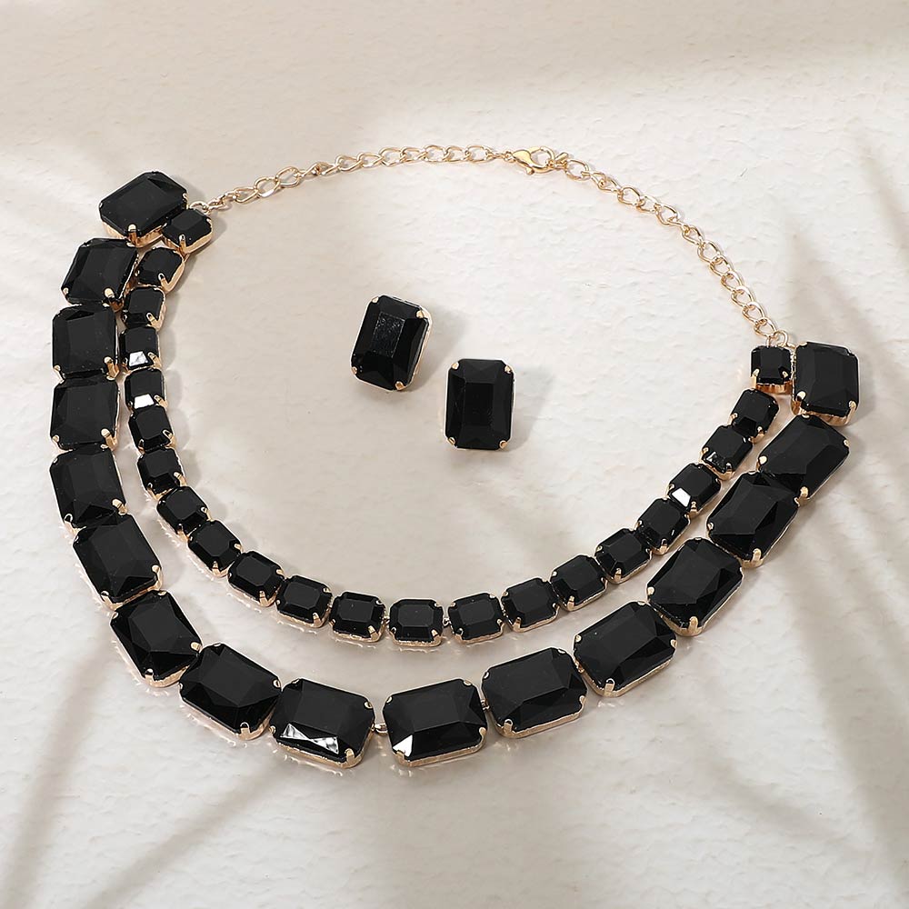 Madeline Love Gold, Jet Black Emerald Cut Stone Cluster Link Double Layered Evening Necklace