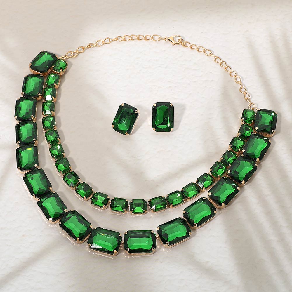 Madeline Love Gold, Green Emerald Cut Stone Cluster Link Double Layered Evening Necklace