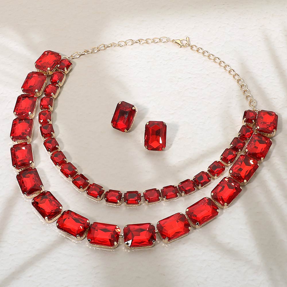 Madeline Love Gold, Red Emerald Cut Stone Cluster Link Double Layered Evening Necklace