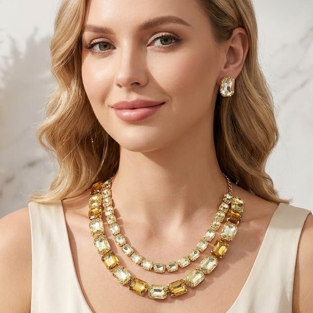 Madeline Love Gold, Yellow Emerald Cut Stone Cluster Link Double Layered Evening Necklace