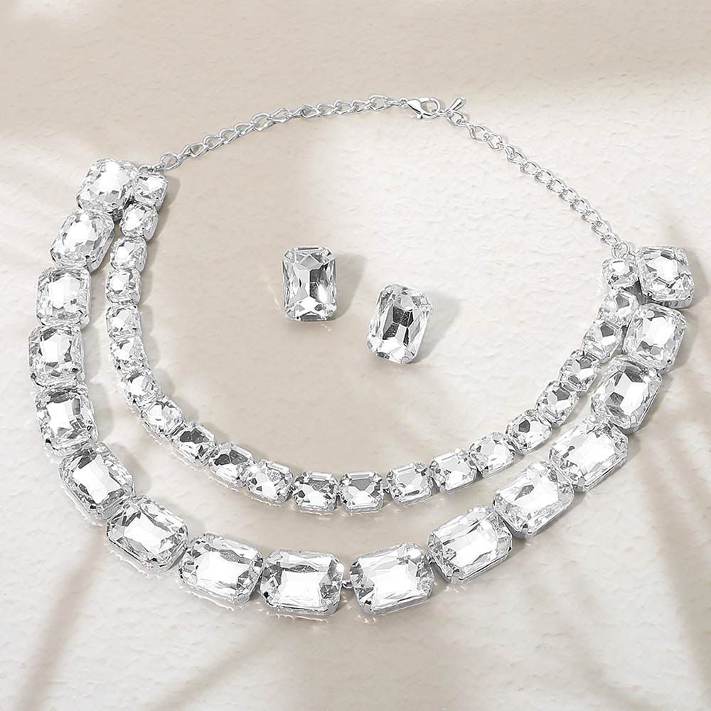 Madeline Love Clear, Rhodium Emerald Cut Stone Cluster Link Double Layered Evening Necklace