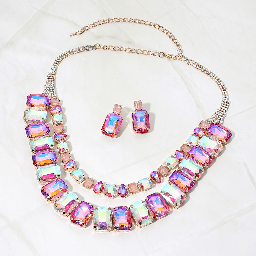 Madeline Love AB, Gold Layered Faceted Emerald Cut Gem Link Statement Evening Necklace