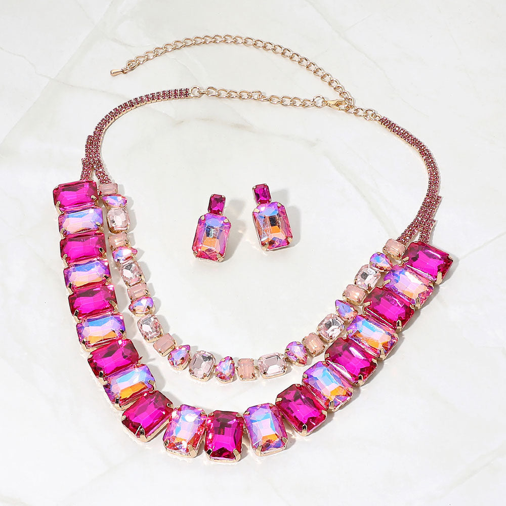 Madeline Love Fuchsia, Gold Layered Faceted Emerald Cut Gem Link Statement Evening Necklace