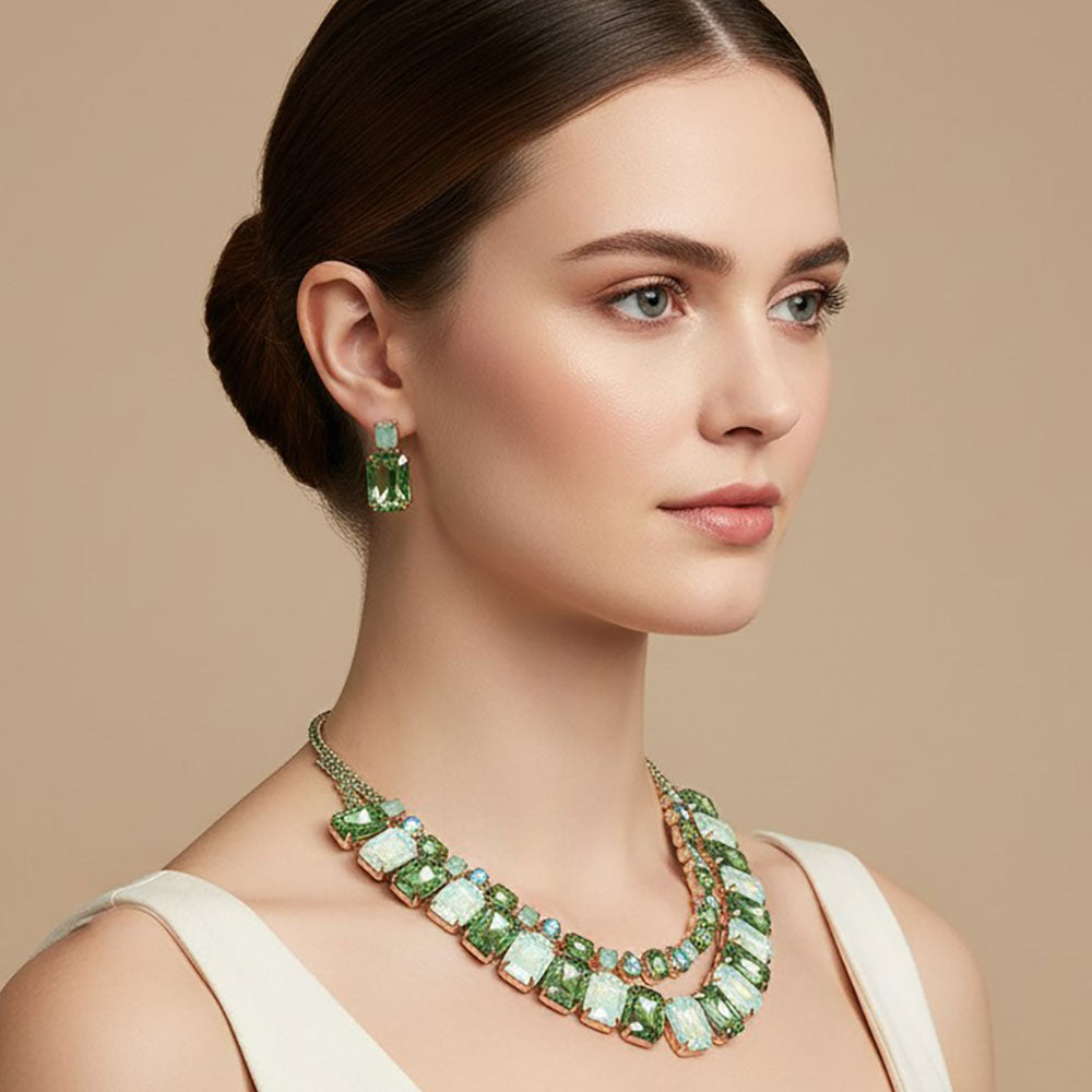 Madeline Love Gold, Green Layered Faceted Emerald Cut Gem Link Statement Evening Necklace