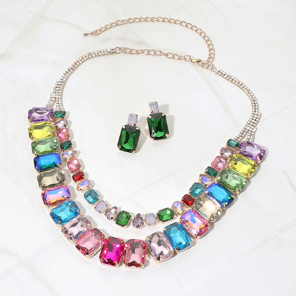 Madeline Love Gold, Multi Layered Faceted Emerald Cut Gem Link Statement Evening Necklace