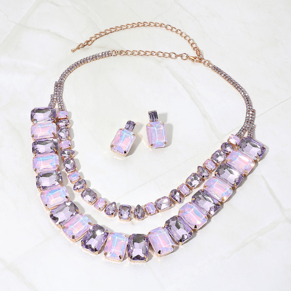 Madeline Love Gold, Purple Layered Faceted Emerald Cut Gem Link Statement Evening Necklace
