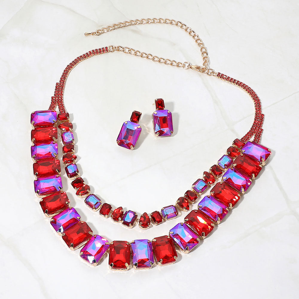 Madeline Love Gold, Red Layered Faceted Emerald Cut Gem Link Statement Evening Necklace