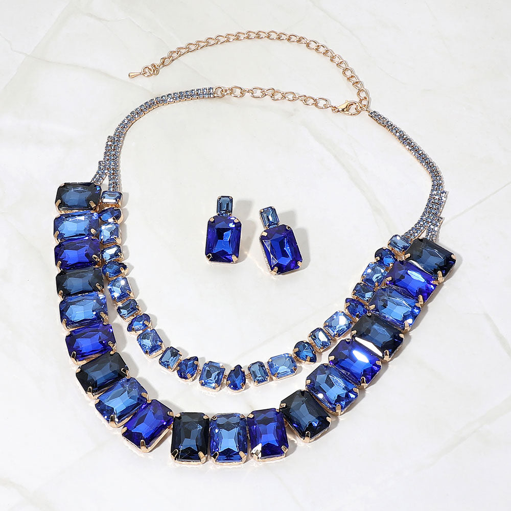 Madeline Love Gold, Royal Blue Layered Faceted Emerald Cut Gem Link Statement Evening Necklace