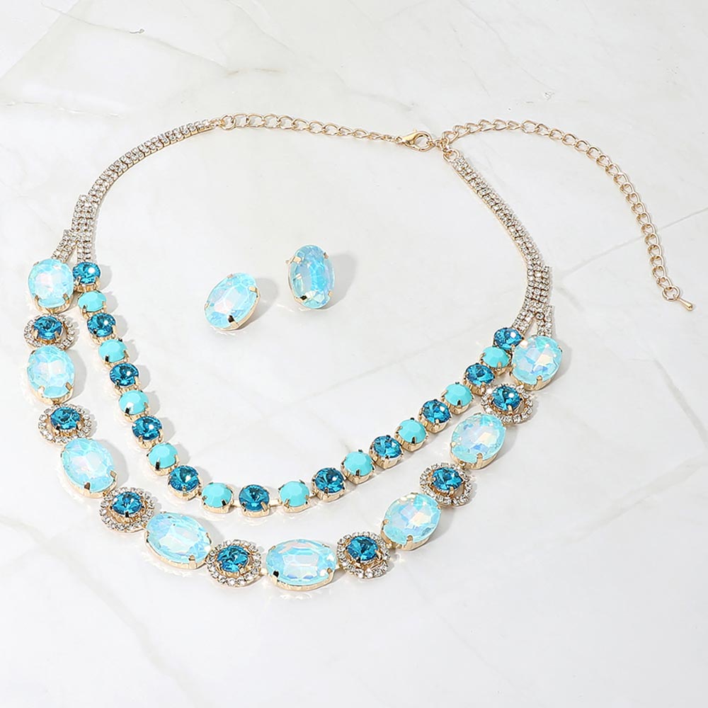 Madeline Love Aqua, Gold Oval Round Get Link Double Strand Evening Necklace