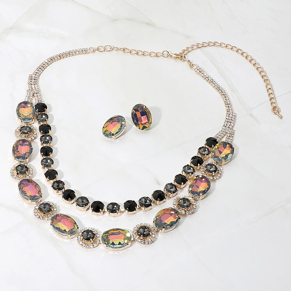 Madeline Love Black Diamond, Gold Oval Round Get Link Double Strand Evening Necklace