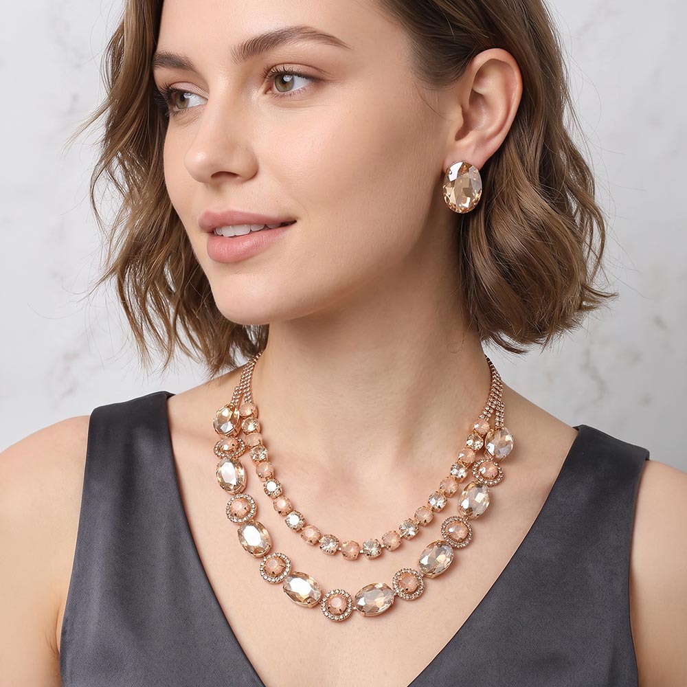 Madeline Love Champagne, Gold Oval Round Get Link Double Strand Evening Necklace