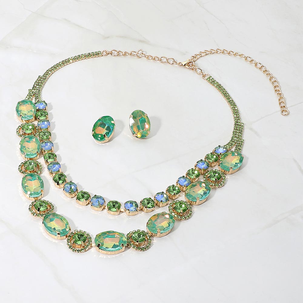 Madeline Love Gold, Green Oval Round Get Link Double Strand Evening Necklace