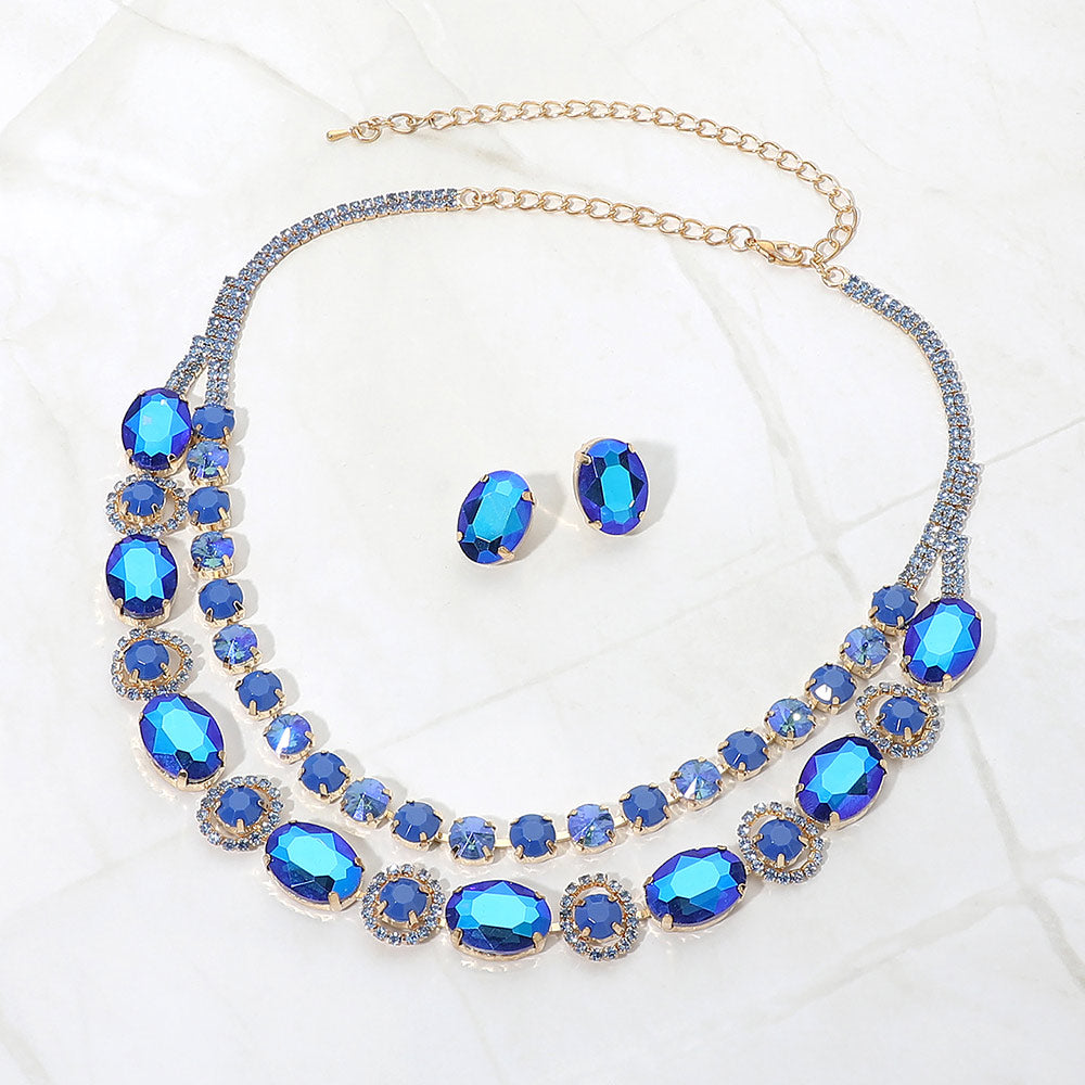Madeline Love Gold, Navy Oval Round Get Link Double Strand Evening Necklace