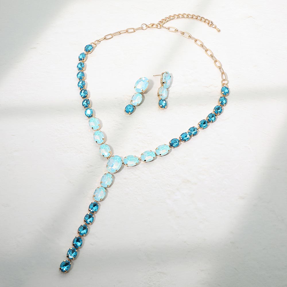 Madeline Love Blue Zircon, Gold Faceted Oval Gem Link Y Drop Statement Necklace