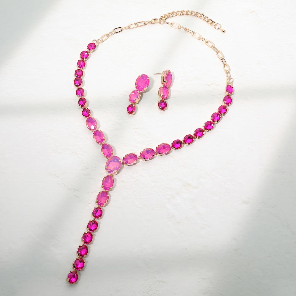 Madeline Love Fuchsia, Gold Faceted Oval Gem Link Y Drop Statement Necklace
