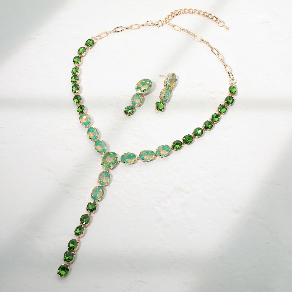 Madeline Love Gold, Green Faceted Oval Gem Link Y Drop Statement Necklace