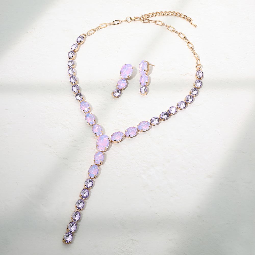 Madeline Love Gold, Lavender Faceted Oval Gem Link Y Drop Statement Necklace