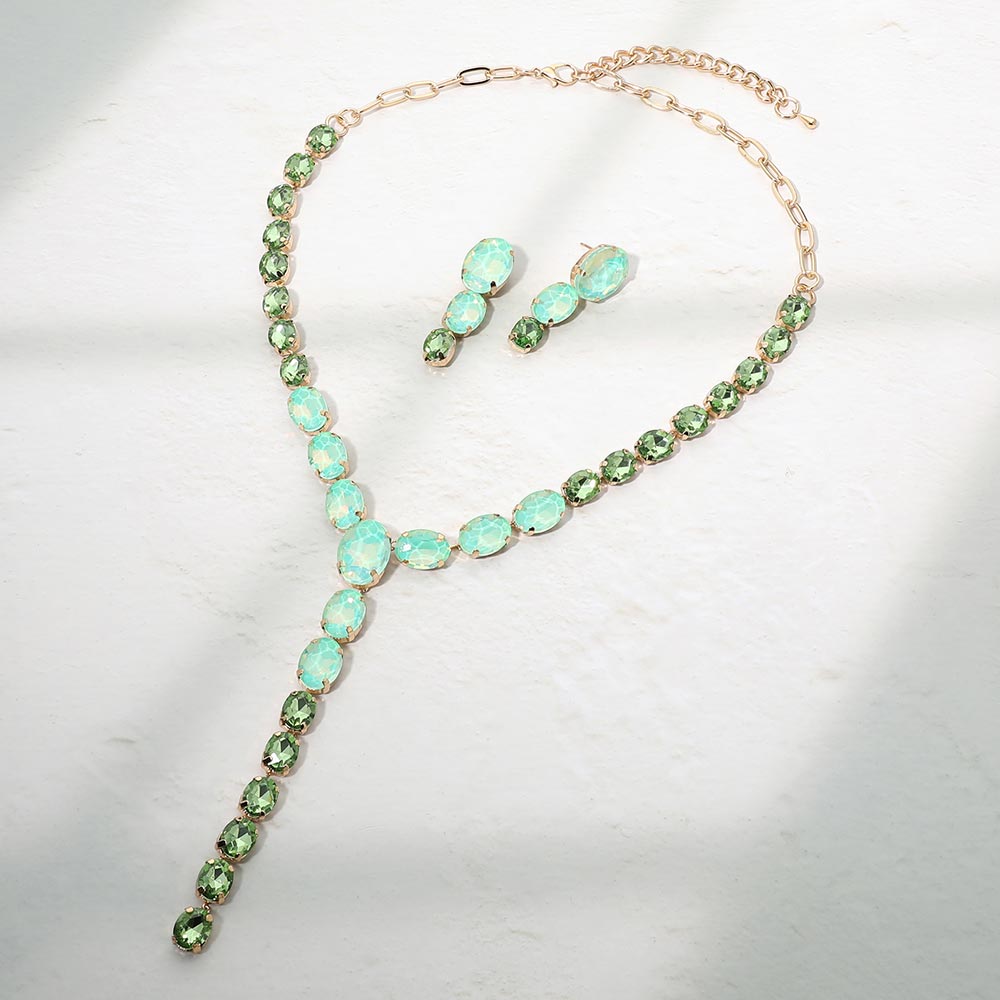 Madeline Love Gold, Mint Faceted Oval Gem Link Y Drop Statement Necklace