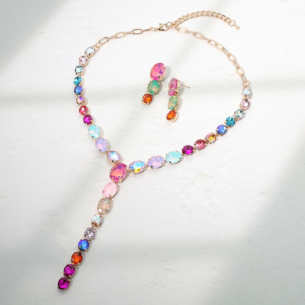 Madeline Love Gold, Multi Faceted Oval Gem Link Y Drop Statement Necklace
