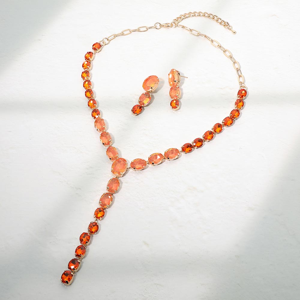 Madeline Love Gold, Orange Faceted Oval Gem Link Y Drop Statement Necklace