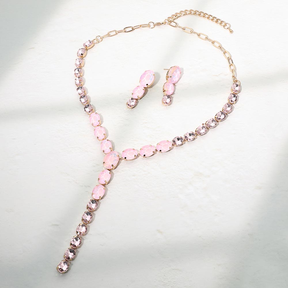 Madeline Love Gold, Pink Faceted Oval Gem Link Y Drop Statement Necklace