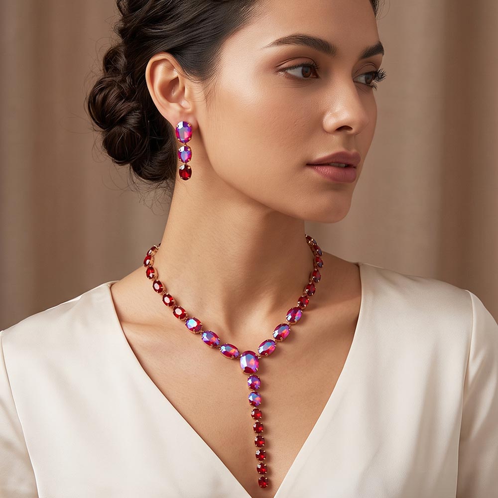 Madeline Love Gold, Red Faceted Oval Gem Link Y Drop Statement Necklace
