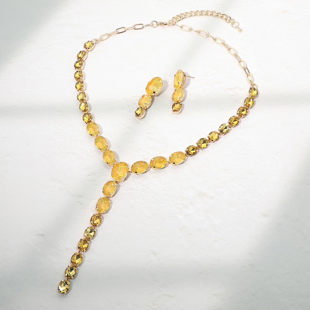 Madeline Love Gold, Yellow Faceted Oval Gem Link Y Drop Statement Necklace
