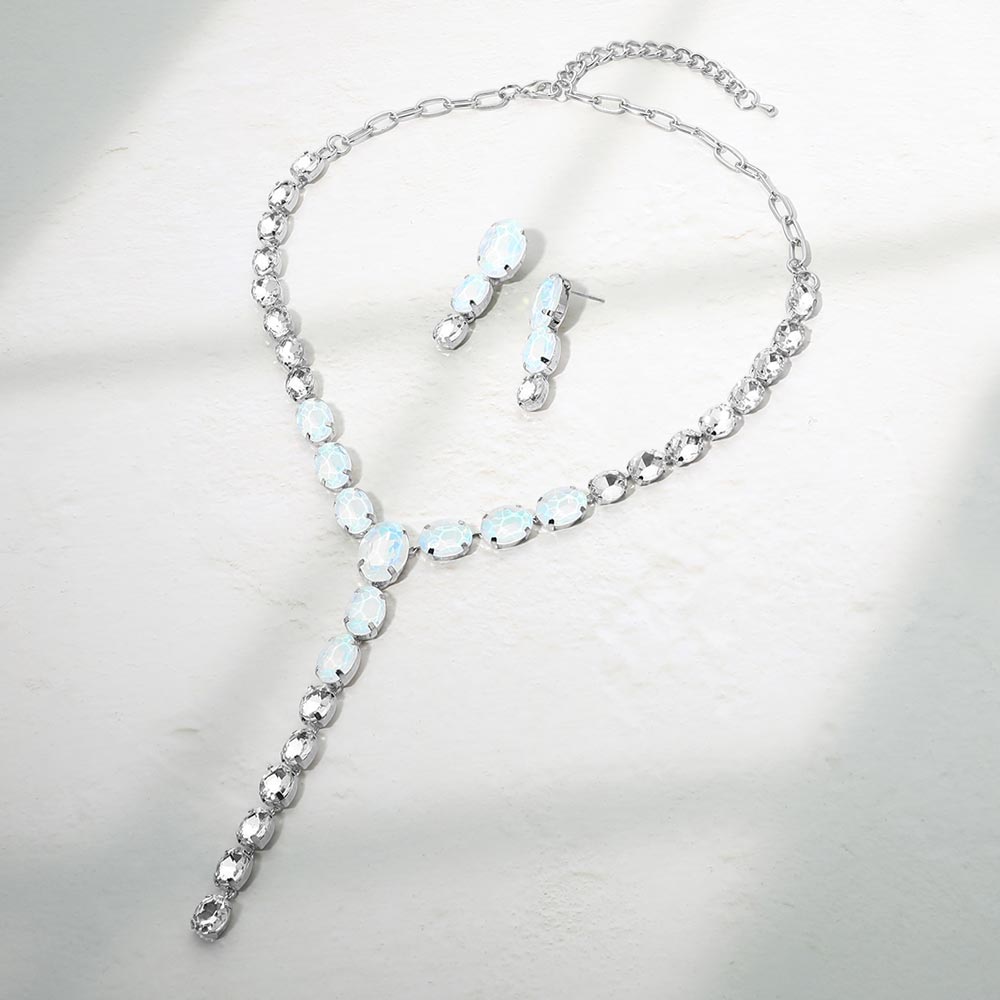 Madeline Love Rhodium, White Faceted Oval Gem Link Y Drop Statement Necklace