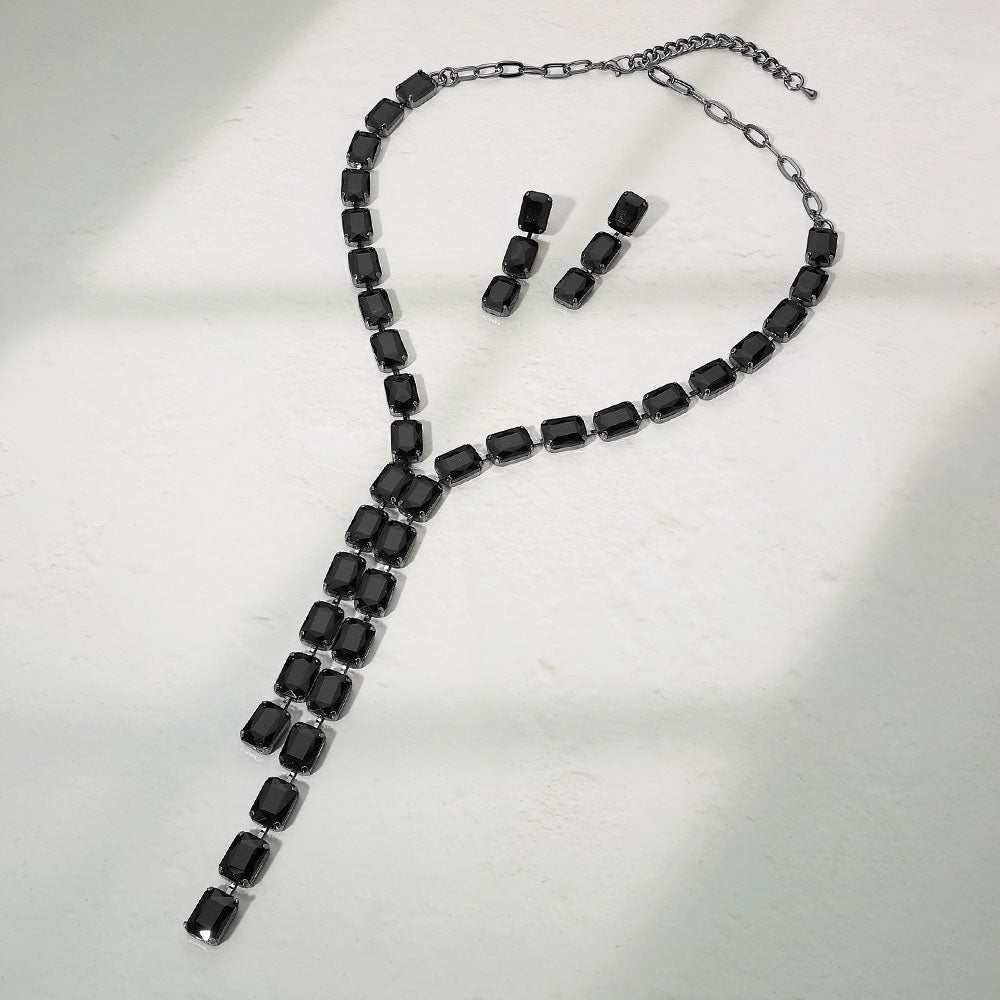Madeline Love Black, Jet Black Emerald Cut Gem Link Y-Shaped Statement Necklace