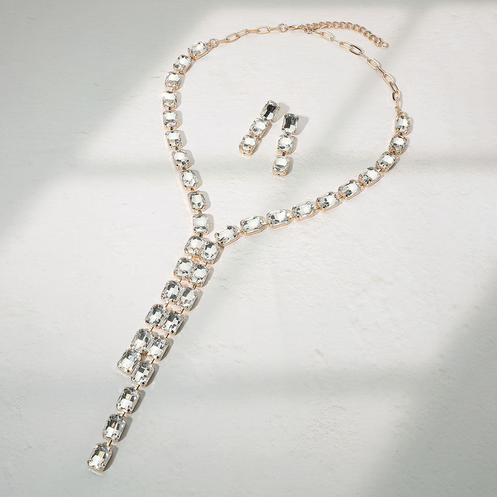 Madeline Love Clear, Gold Emerald Cut Gem Link Y-Shaped Statement Necklace