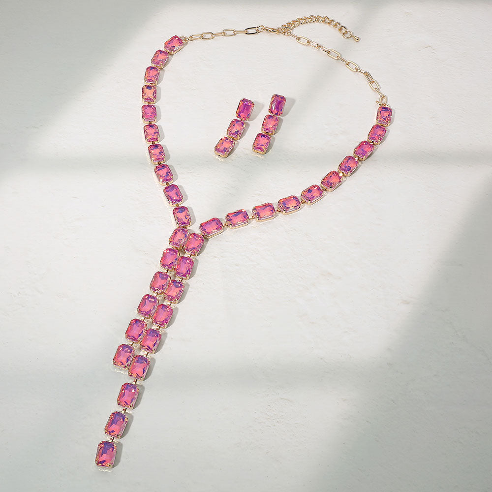 Madeline Love Fuchsia, Gold Emerald Cut Gem Link Y-Shaped Statement Necklace