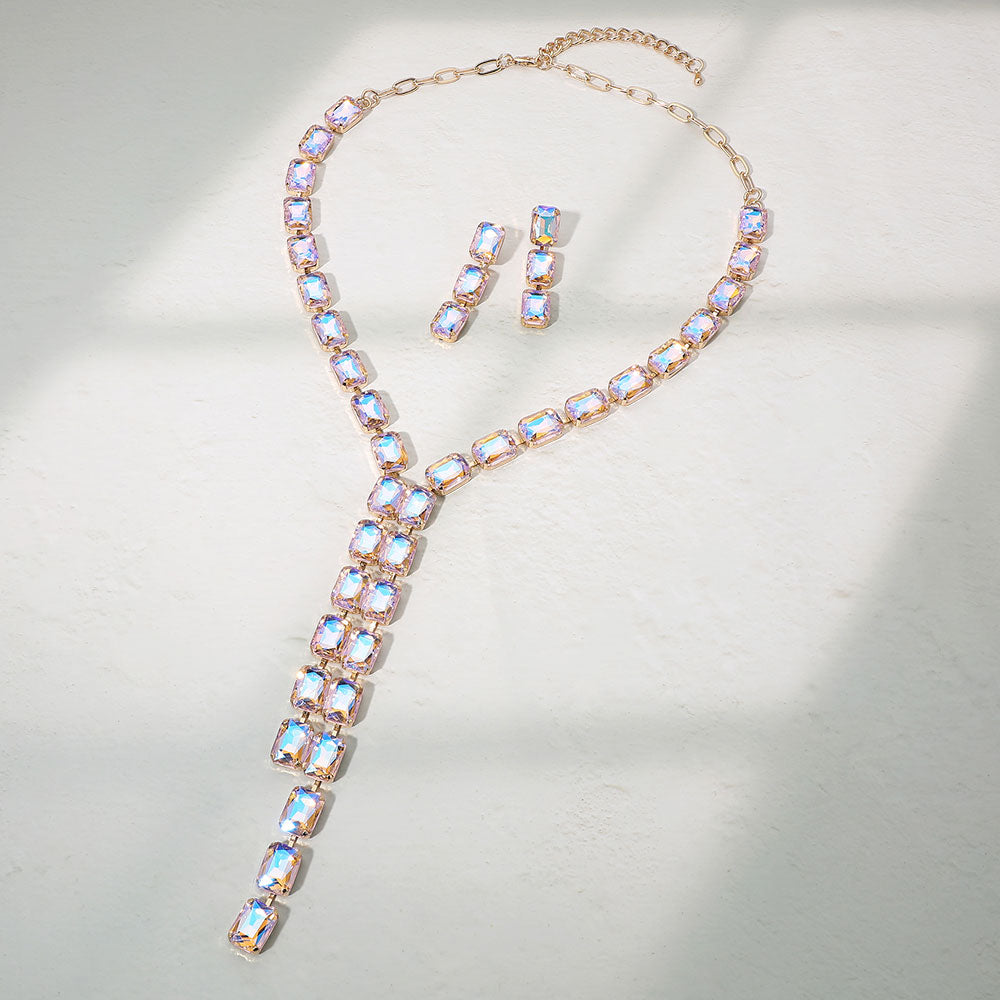 Madeline Love Gold, Pink Emerald Cut Gem Link Y-Shaped Statement Necklace