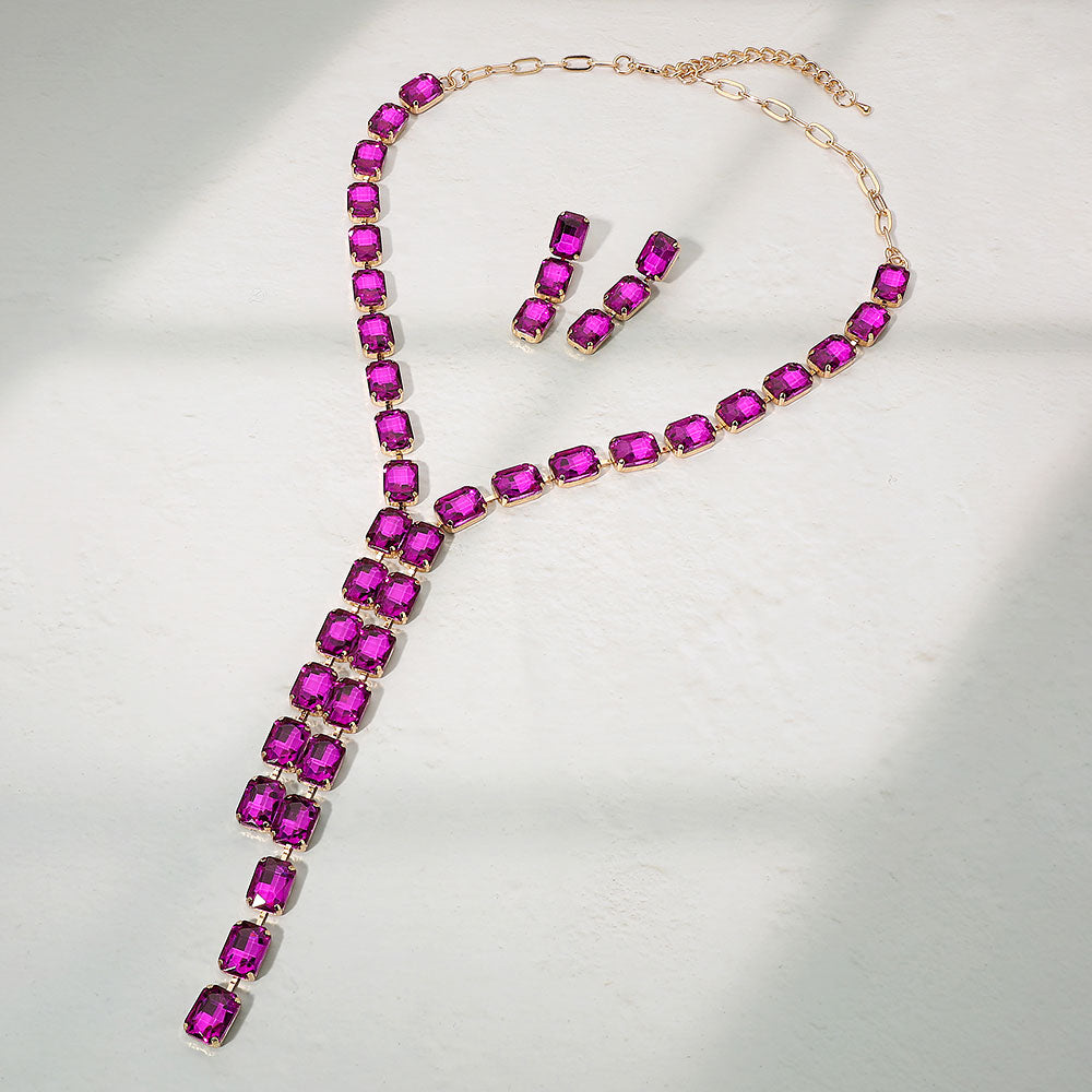Madeline Love Gold, Purple Emerald Cut Gem Link Y-Shaped Statement Necklace