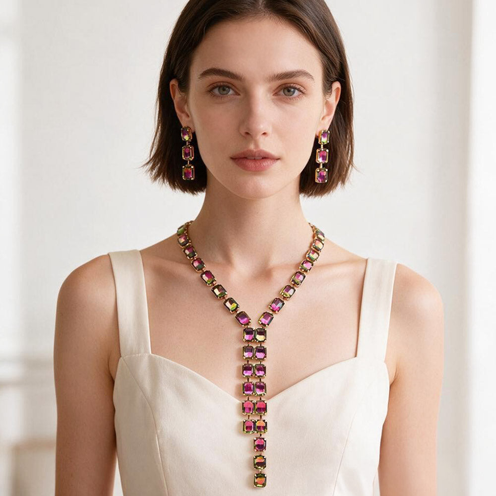 Madeline Love Gold, Vitrail Medium Emerald Cut Gem Link Y-Shaped Statement Necklace