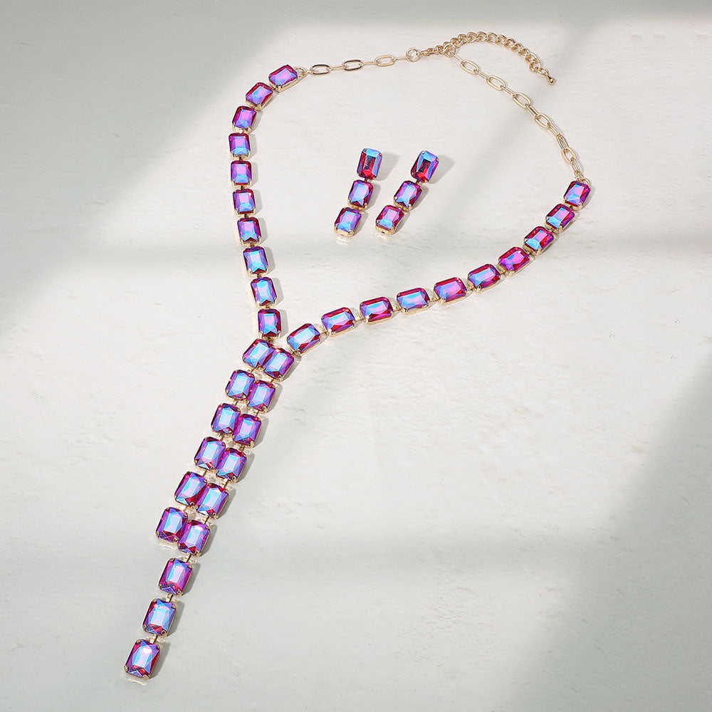 Madeline Love Gold, Red Emerald Cut Gem Link Y-Shaped Statement Necklace