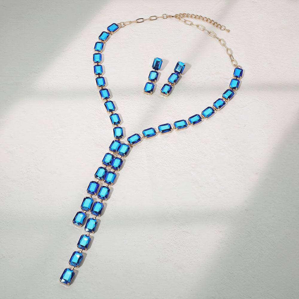 Madeline Love Gold, Royal Blue Emerald Cut Gem Link Y-Shaped Statement Necklace