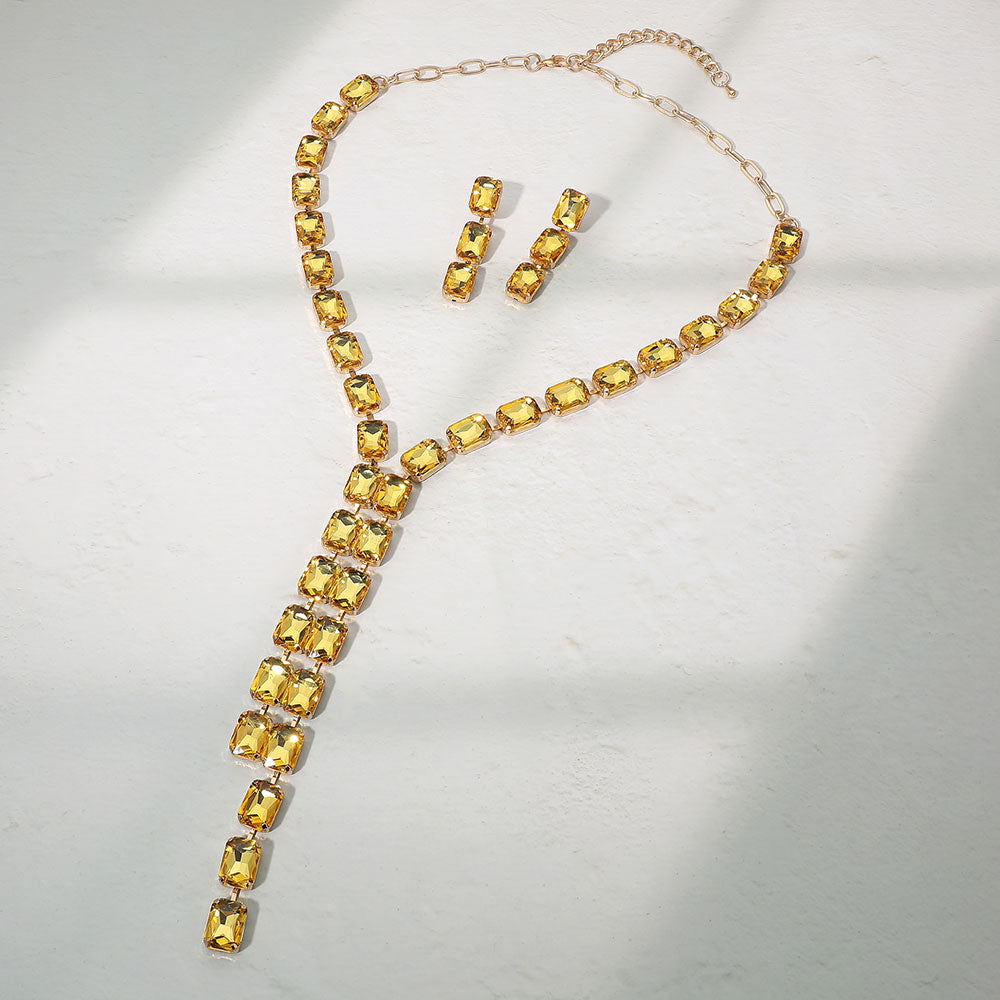 Madeline Love Gold, Yellow Emerald Cut Gem Link Y-Shaped Statement Necklace