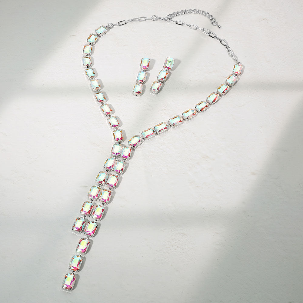Madeline Love AB, Rhodium Emerald Cut Gem Link Y-Shaped Statement Necklace