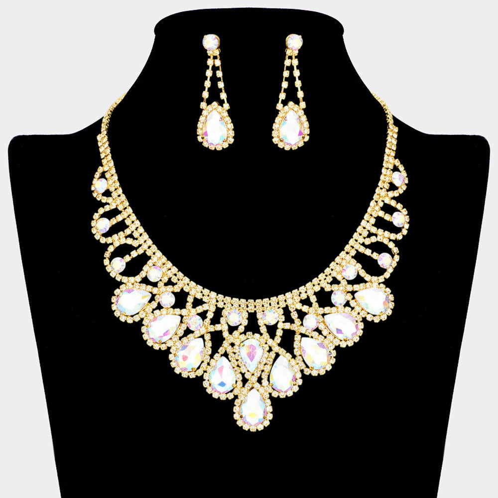 Madeline Love AB, Gold Crystal Teardrop Rhinestone Pave Evening Necklace - Jewelry