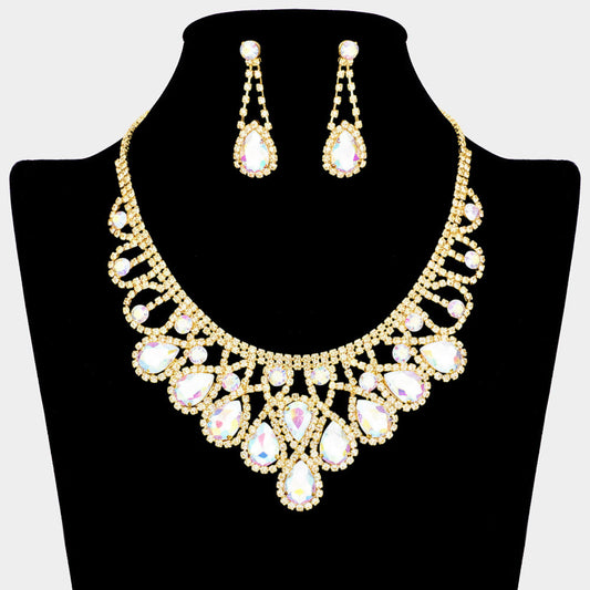 Madeline Love AB, Gold Crystal Teardrop Rhinestone Pave Evening Necklace - Jewelry