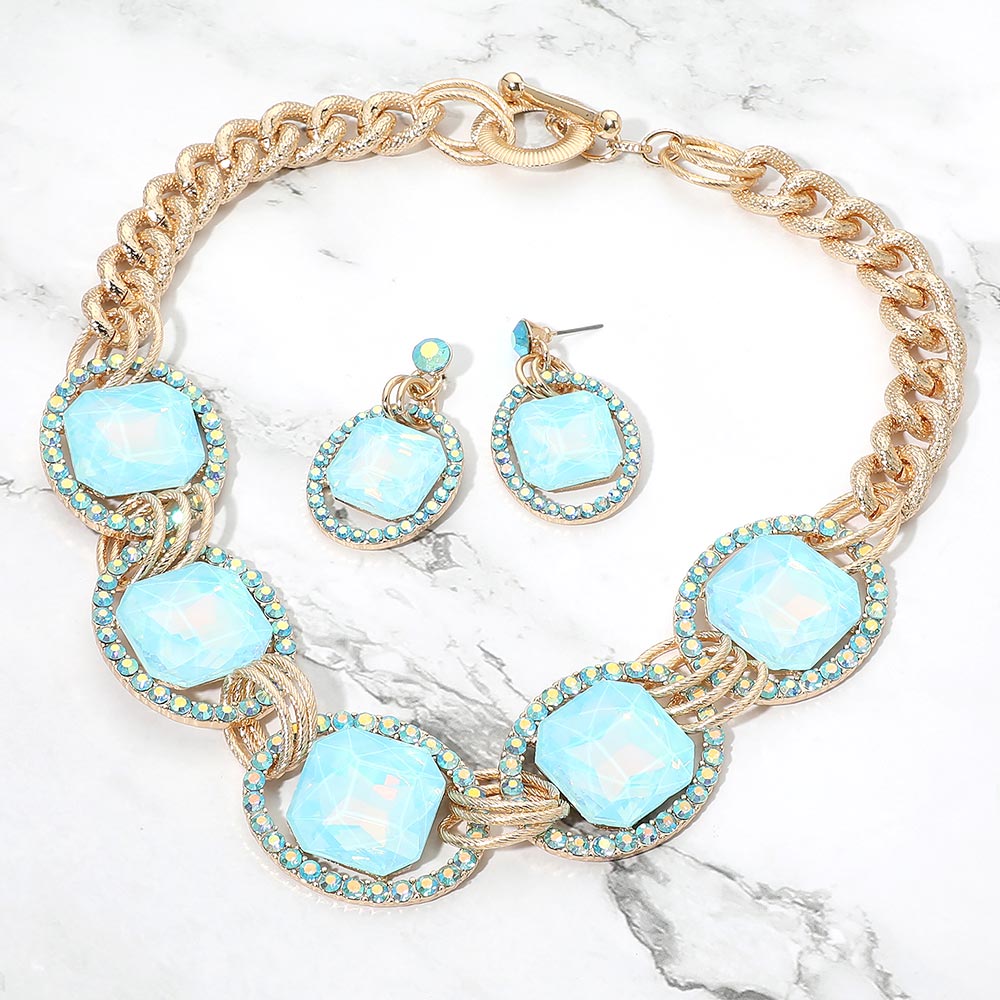 Madeline Love Aqua, Gold, Opal Pave Trim Glass Crystal Link Necklace