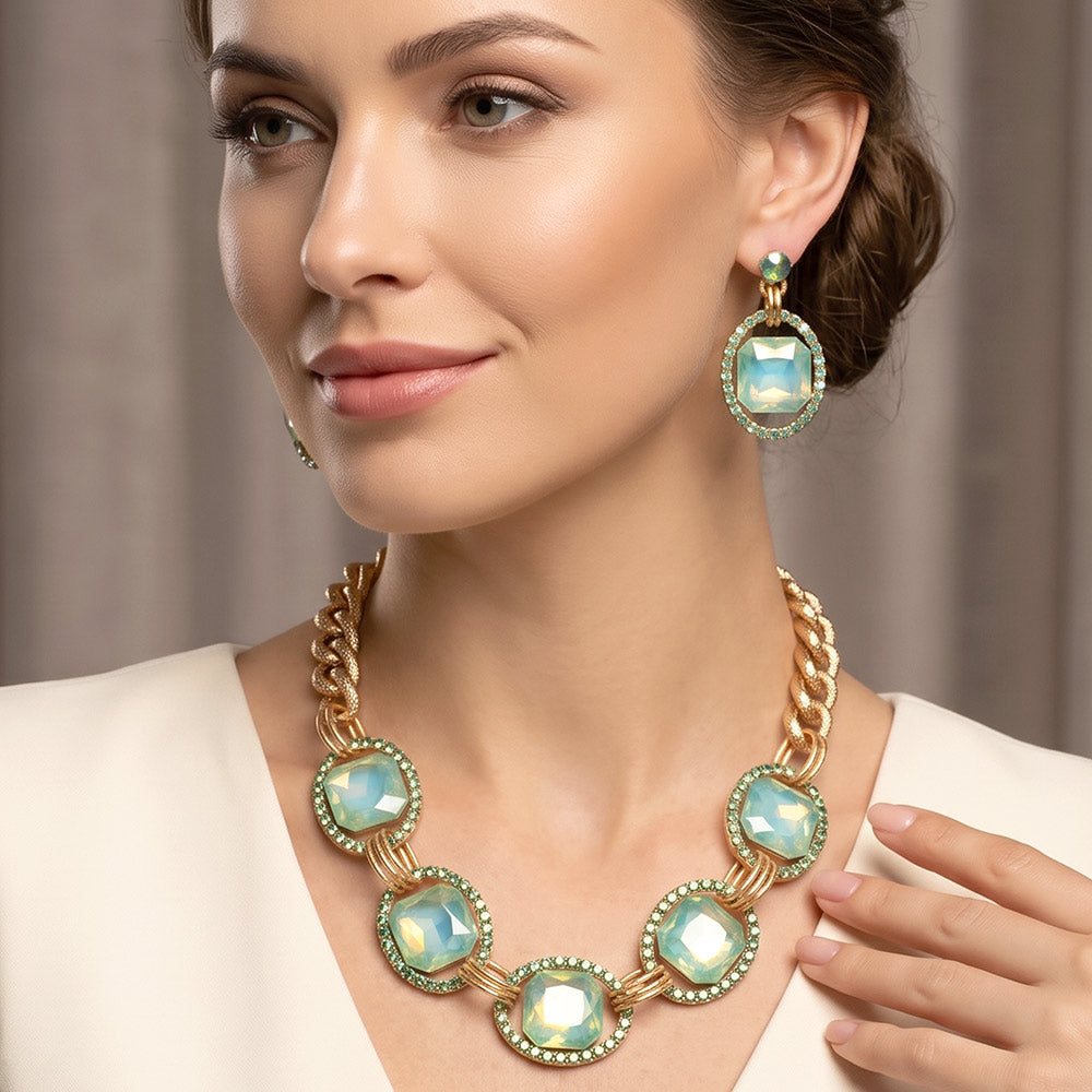 Madeline Love Gold, Mint, Opal Pave Trim Glass Crystal Link Necklace