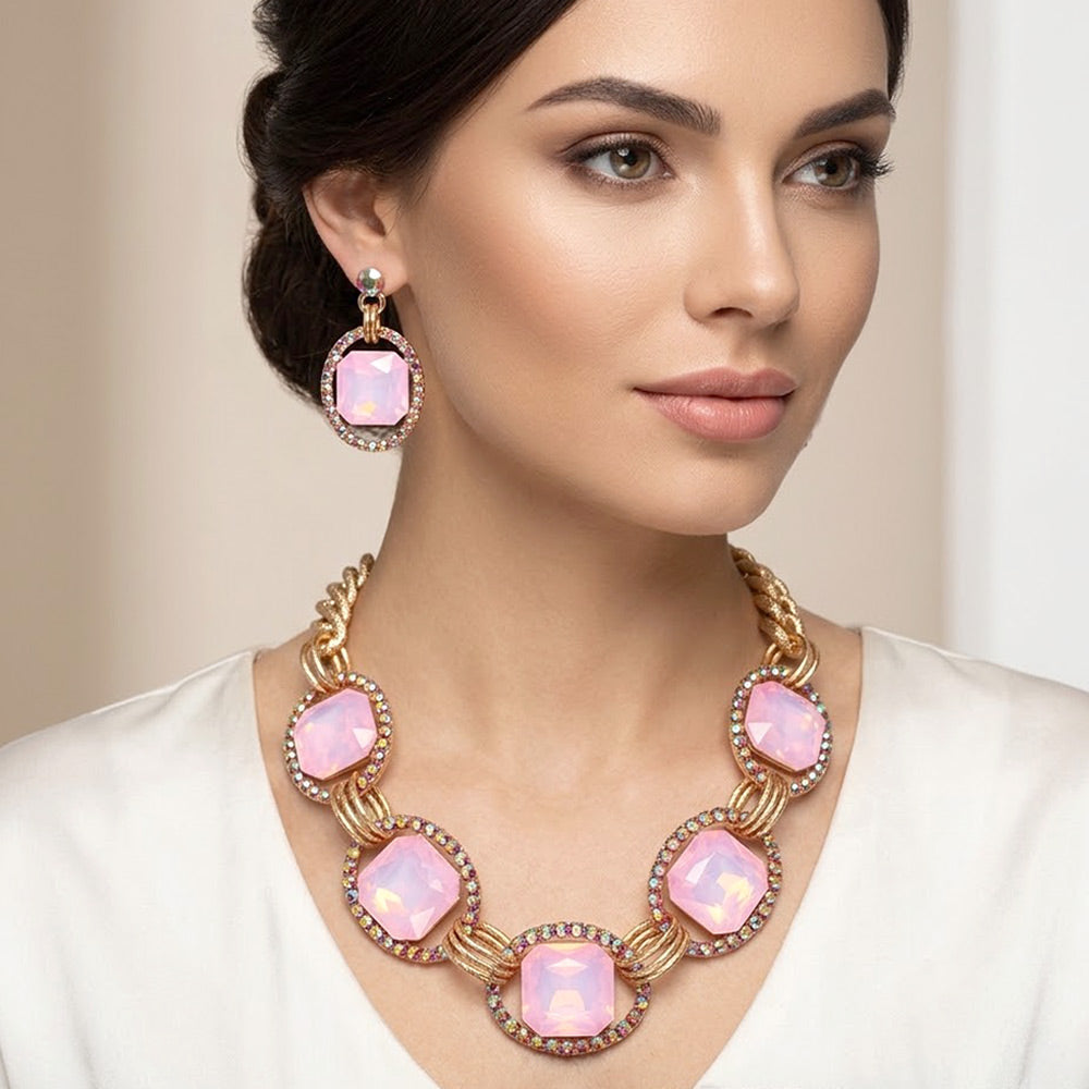 Madeline Love Gold, Opal, Pink Pave Trim Glass Crystal Link Necklace