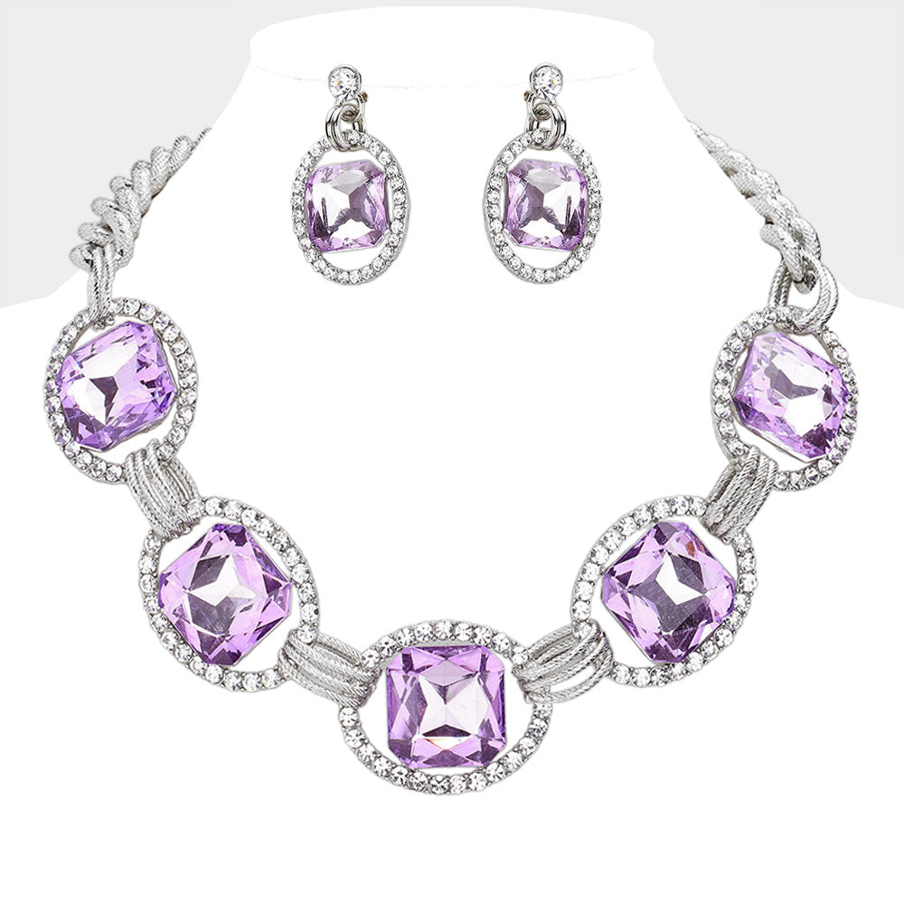 Madeline Love Lavender, Rhodium Pave Trim Glass Crystal Link Necklace